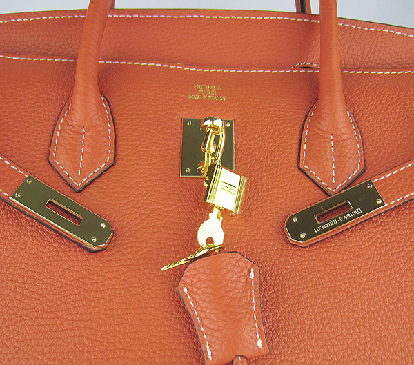 High Quality Fake Hermes 35CM Embossed Veins Leather Bag Orange 6089